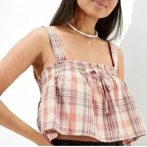 American Eagle Multicolored Plaid Wide Strap Crop Top Ruffled Womens Size M